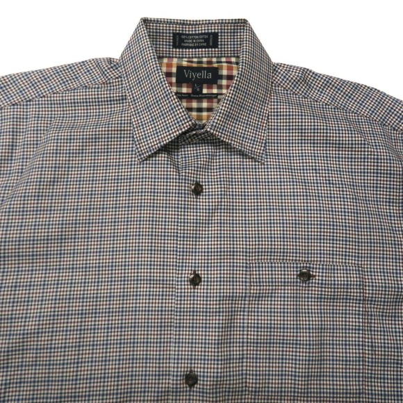 Viyella Button Up Shirt Mens Large Long Sleeve Non Iron Cotton Blue Red Plaid - Picture 2 of 6